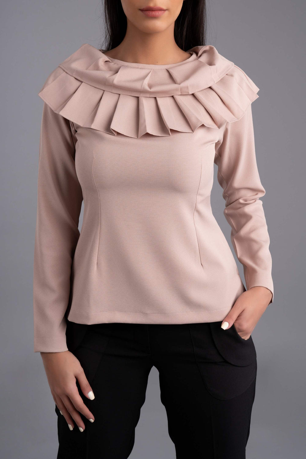 Ihlara Long Sleeve Blouse with Frill Collar-Beige - The Modernest