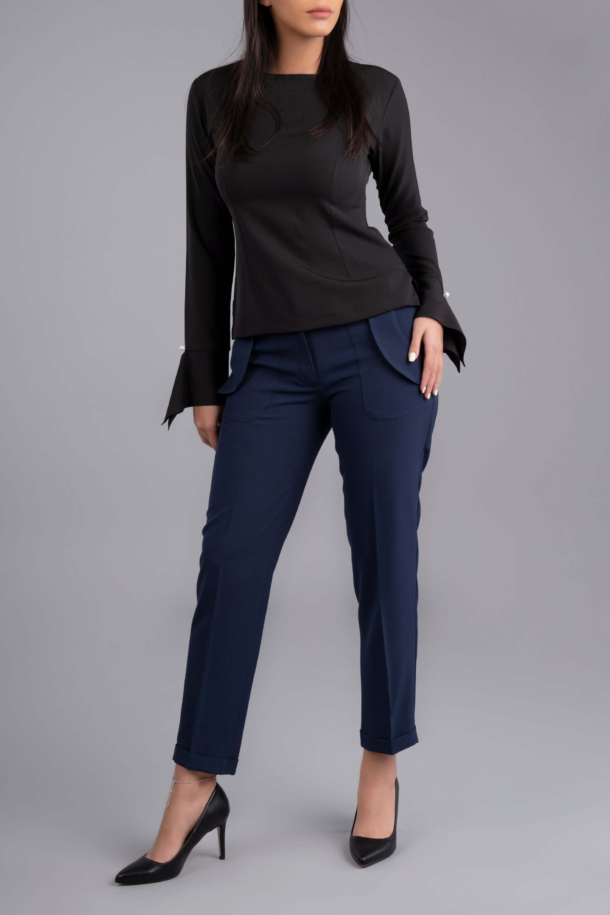 Casela Long Sleeve Blouse Slitted Cuff with Pearl Button-Black - The Modernest