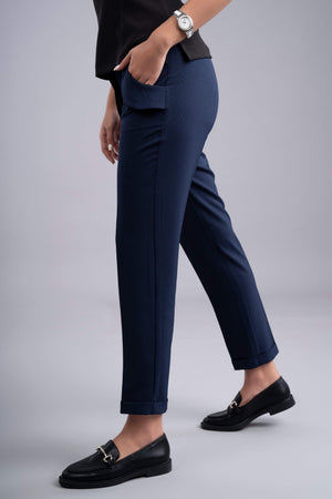 Beauly Slim Fit Trousers With Flap Pockets-Navy - The Modernest