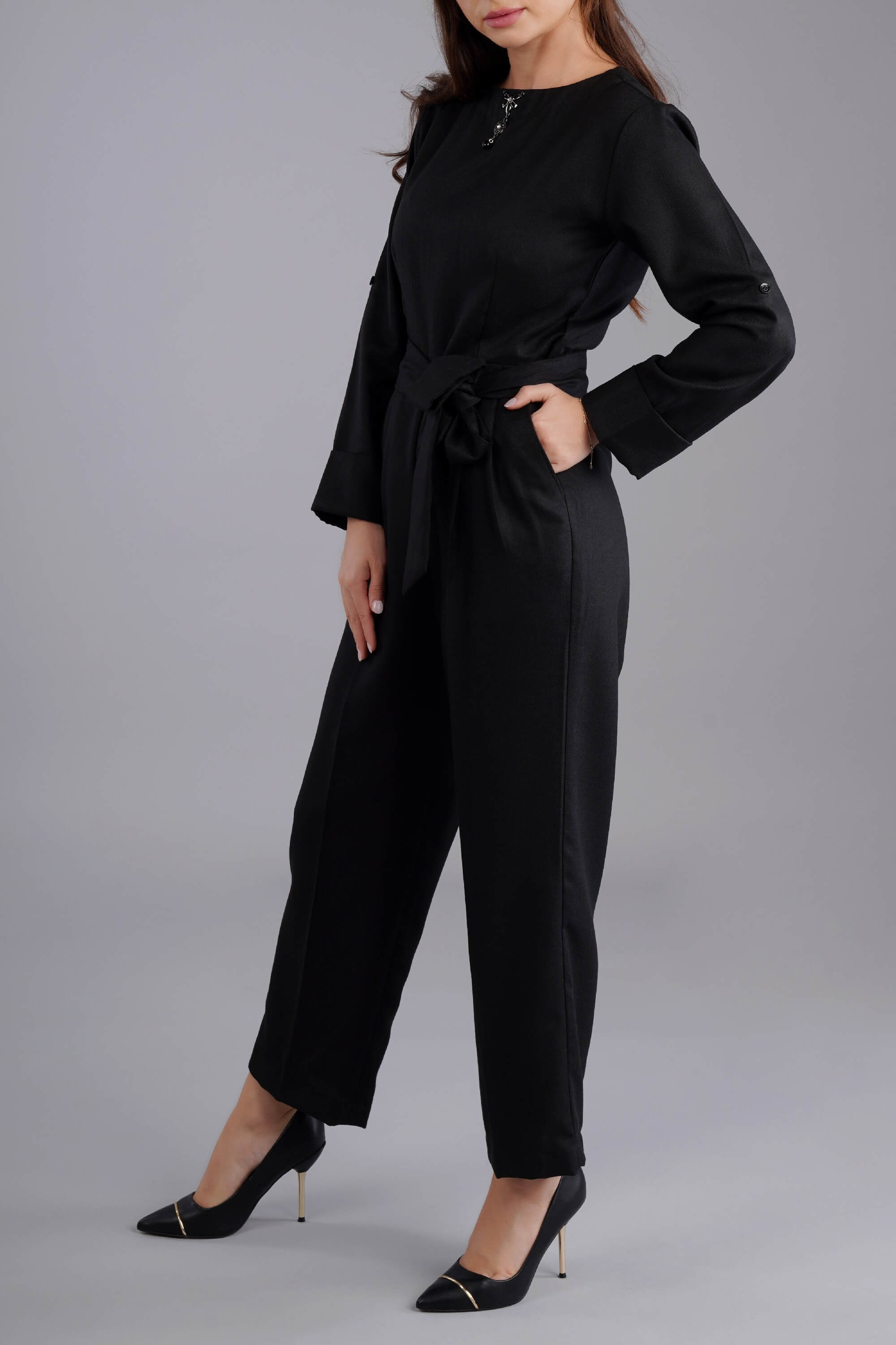 Inverness Jumpsuit Round Neck with Pendant-Black - The Modernest