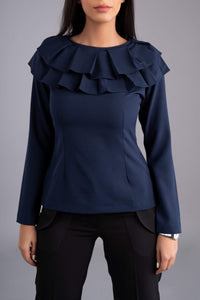 Ihlara Long Sleeve Blouse with Frill Collar-Navy - The Modernest