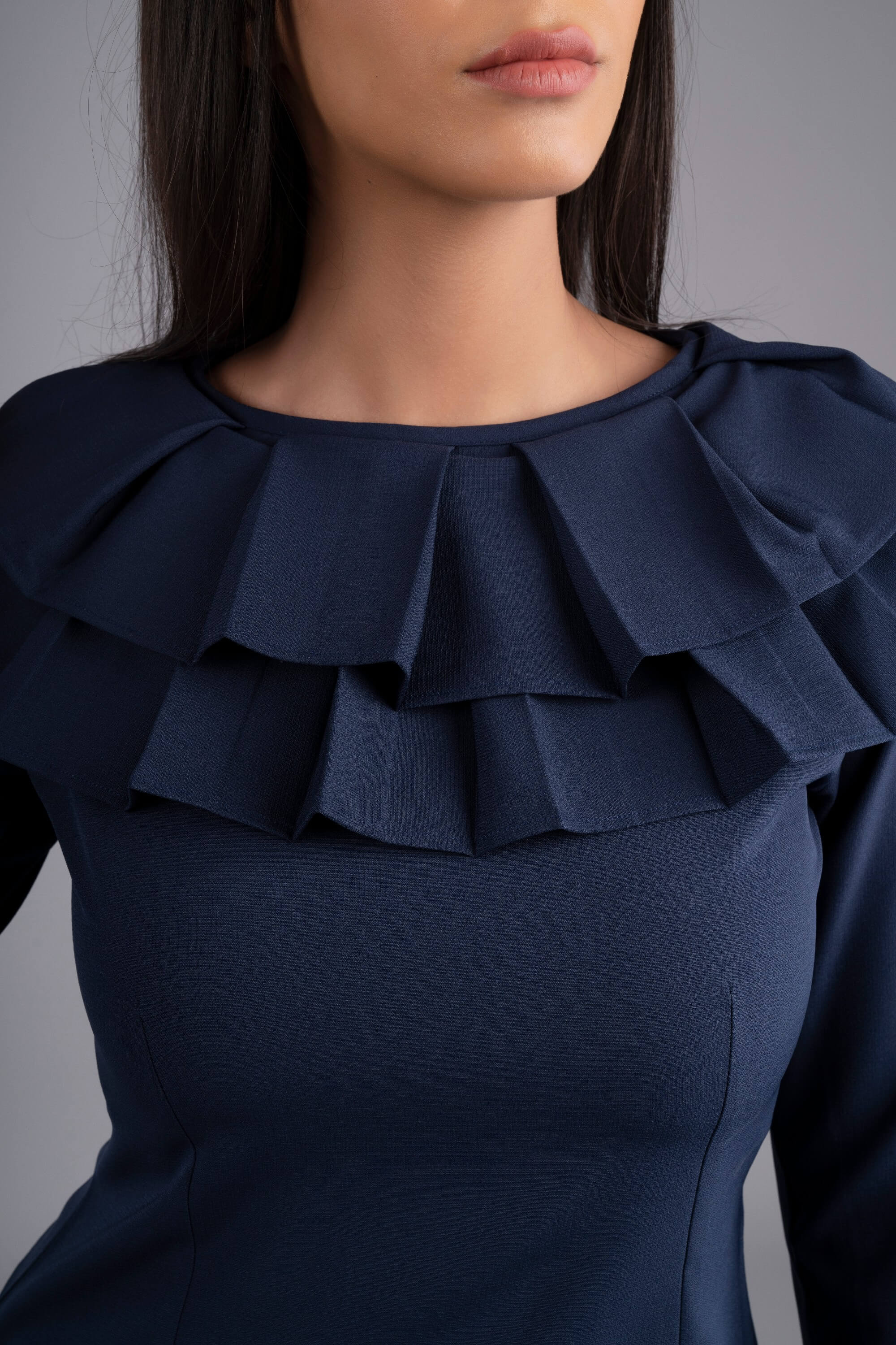 Ihlara Long Sleeve Blouse with Frill Collar-Navy - The Modernest