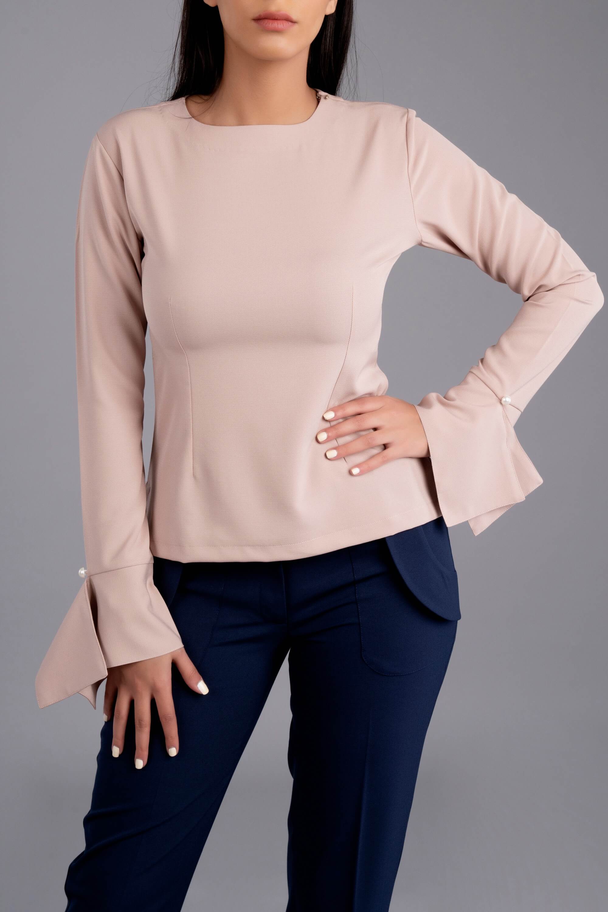 Casela Long Sleeve Blouse Slitted Cuff with Pearl Button-Beige - The Modernest